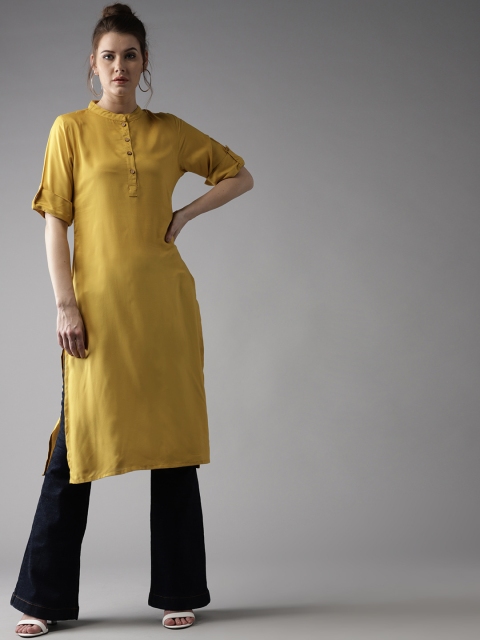 

HERE&NOW Women Mustard Yellow Solid Straight Kurta