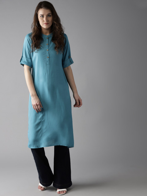 

HERE&NOW Women Blue Solid Straight Kurta