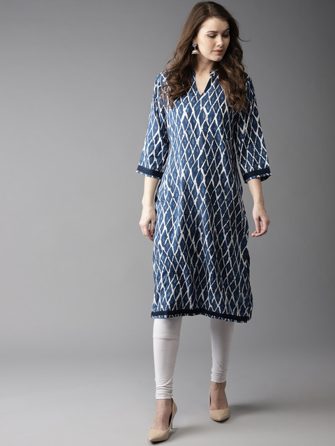 

HERE&NOW Women Blue & White Printed Straight Kurta