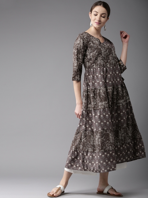 

HERE&NOW Women Taupe Printed Angrakha Anarkali Kurta