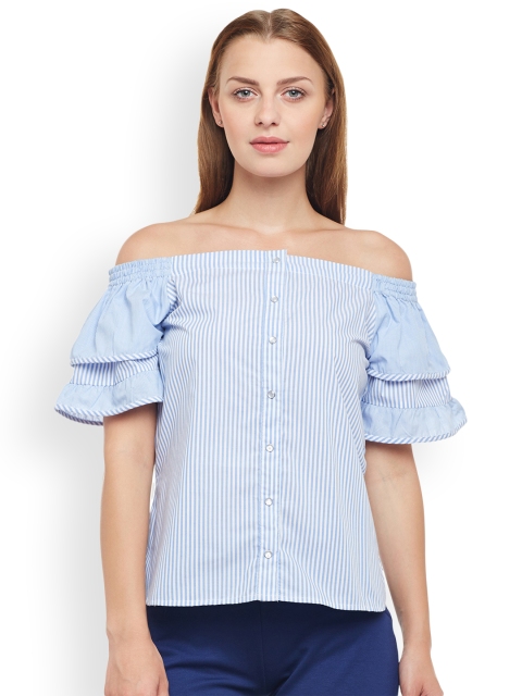 

Latin Quarters Women Blue Striped Bardot Top