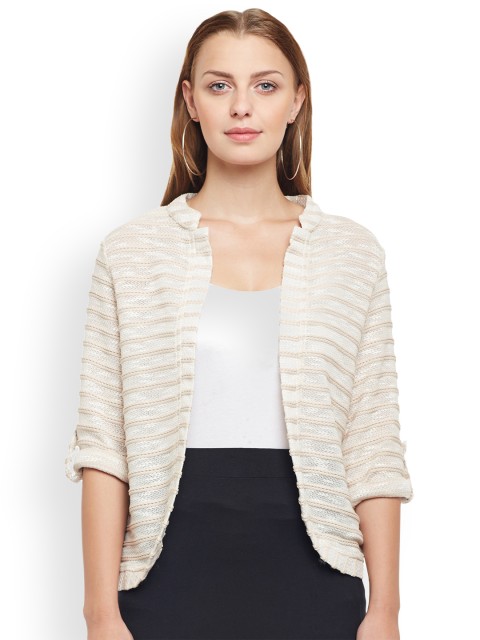 

Latin Quarters Cream-Coloured & Beige Self Design Open Front Shrug