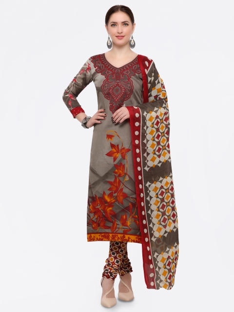 

Satrani Taupe & Red Pure Cotton Unstitched Dress Material