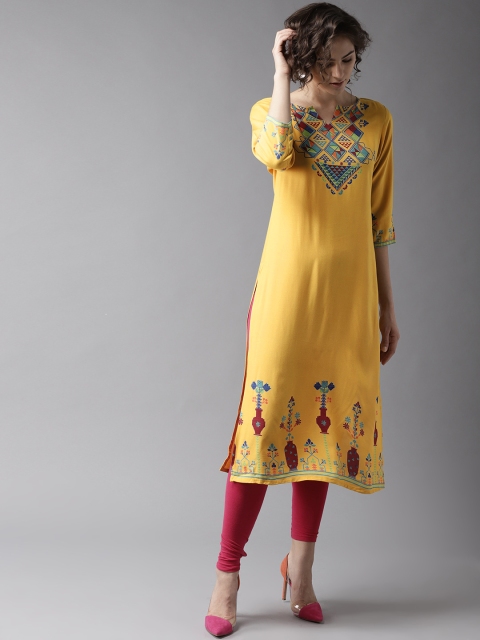 

Moda Rapido Women Mustard Yellow Yoke Design Straight Kurta