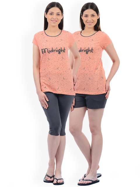 

Sweet Dreams Women Peach-Coloured & Charcoal Grey Printed Night Suit 215618