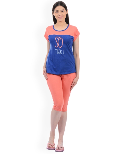 

Sweet Dreams Women Blue & Coral Pink Printed Night Suit 216418