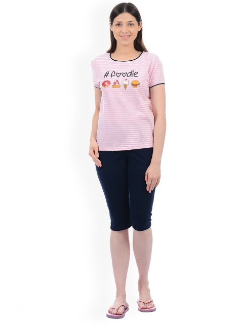 

Sweet Dreams Women Pink & Navy Blue Striped Night Suit 216618