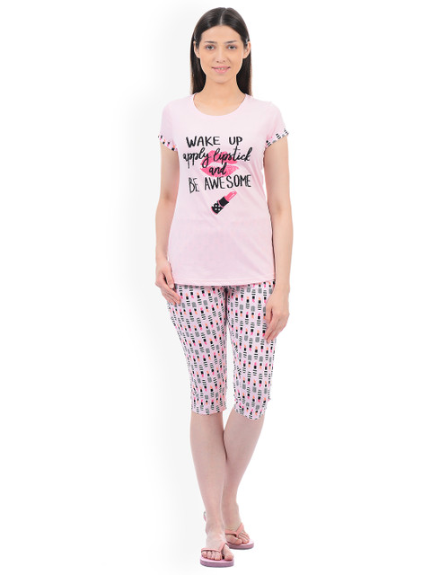 

Sweet Dreams Women Pink & Black Printed Night Suit 217018