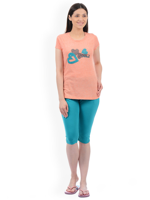 

Sweet Dreams Women Peach-Coloured & Teal Green Printed Night Suit 217318