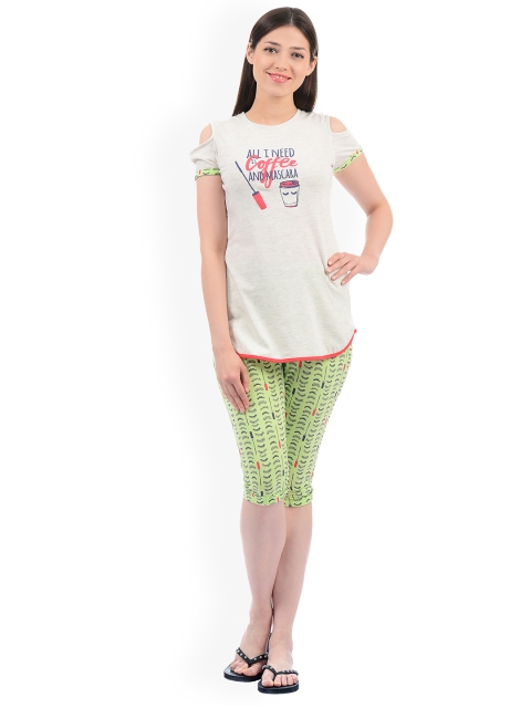 

Sweet Dreams Women Grey Melange & Green Printed Night Suit 219018
