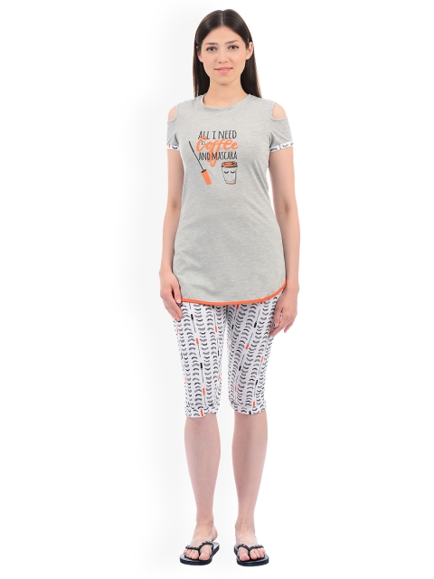 

Sweet Dreams Women Grey Melange & White Printed Night Suit 219018