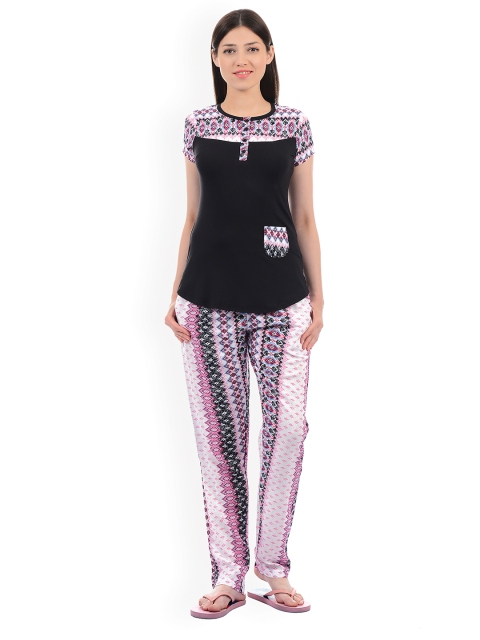 

Sweet Dreams Women Black & Pink Printed Night Suit