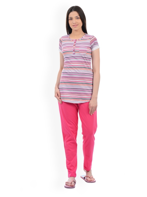 

Sweet Dreams Women Multicoloured & Pink Striped Night Suit with Lace Detail