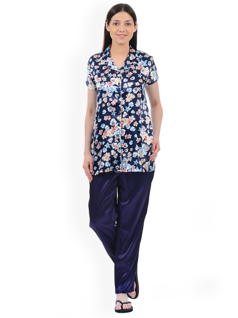 

Sweet Dreams Women Navy Blue & Pink Floral Printed Night Suit