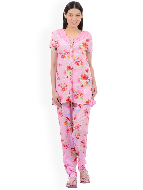 

Sweet Dreams Women Pink Floral Print Night suit with Pleated Detail & Lace Inserts