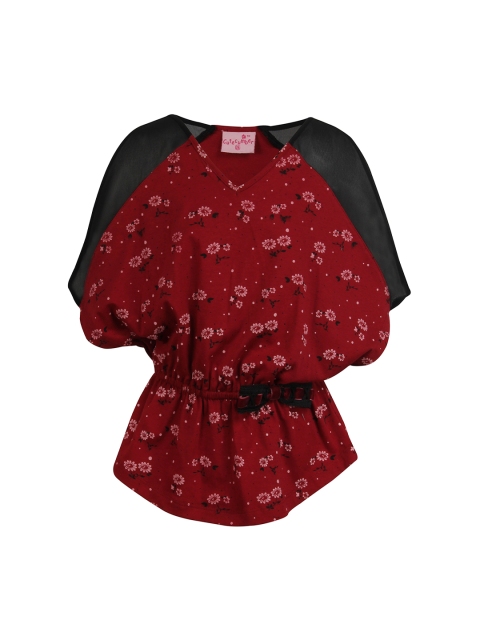 

CUTECUMBER Girls Maroon Printed Cinched Waist Pure Cotton Top