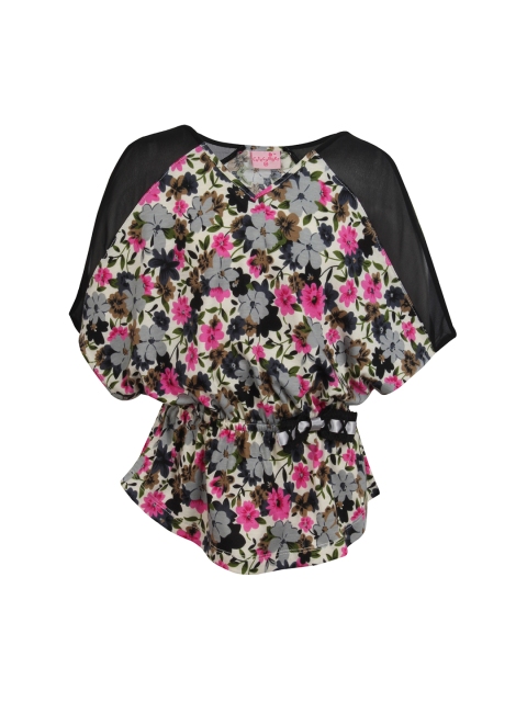 

CUTECUMBER Girls Black Floral Print Pure Cotton Top