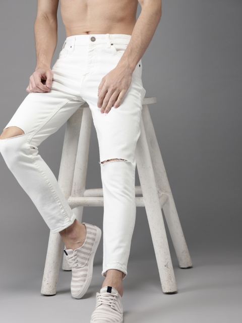 

HERE&NOW Men White Slim Fit Mid-Rise Slash Knee Stretchable Cropped Jeans