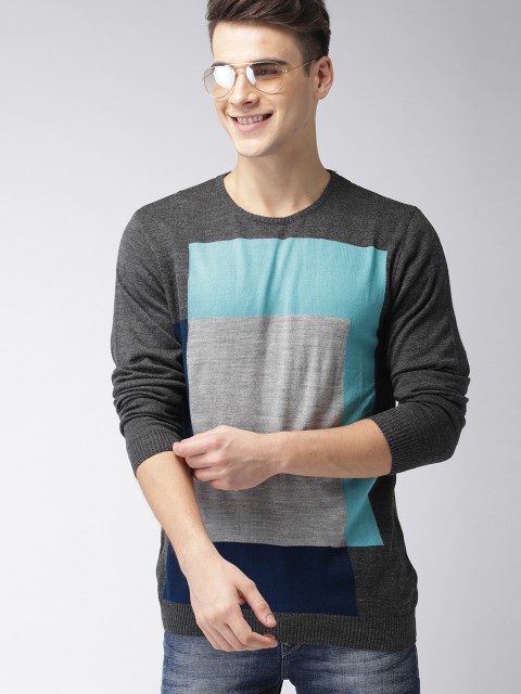 

Mast & Harbour Men Grey & Navy Blue Colourblocked Pullover