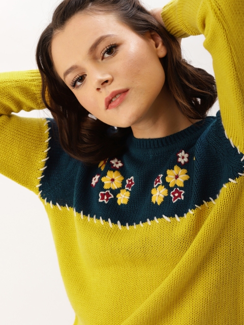 

DressBerry Women Mustard Yellow & Navy Blue Embroidered Pullover