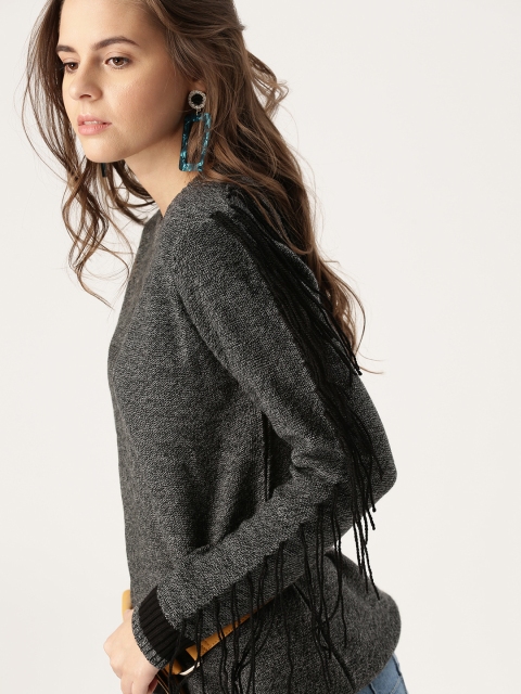 

DressBerry Women Grey Solid Pullover with Fringes