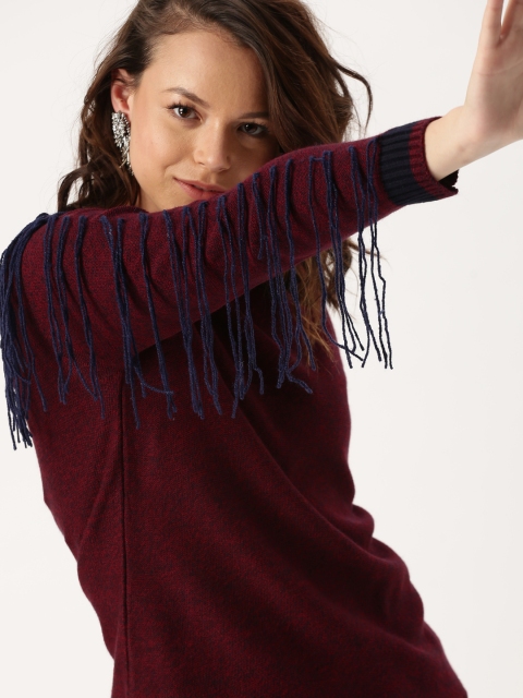 

DressBerry Women Maroon Solid Pullover with Fringes