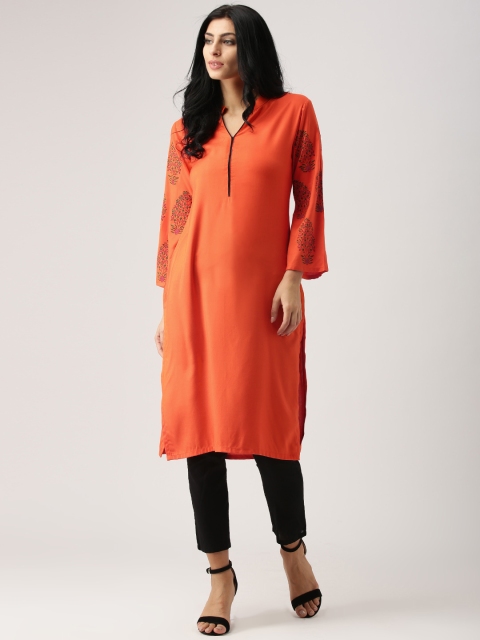 

AKS Women Orange Printed Straight Kurta