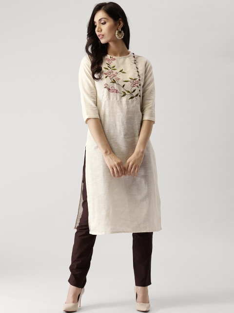 

AKS Women Cream-Coloured & Green Embroidered Straight Kurta
