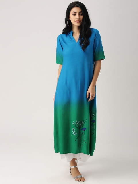 

AKS Women Blue & Green Embroidered A-Line Kurta