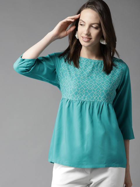 

HERE&NOW Women Turquoise Blue Printed A-Line Top