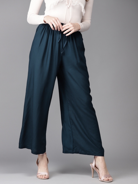 

HERE&NOW Women Navy Blue Solid Wide Leg Palazzos
