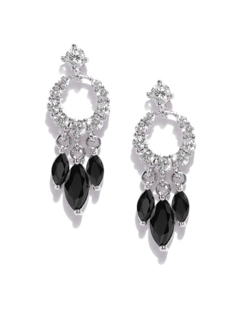 

Golden Peacock Silver-Plated & Black CZ Stone-Studded Drop Earrings