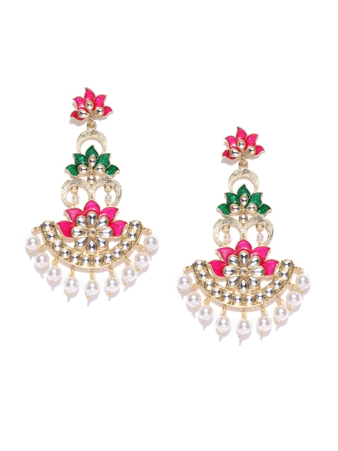 

PANASH Pink & Green Gold-Plated Handcrafted Floral Drop Earrings