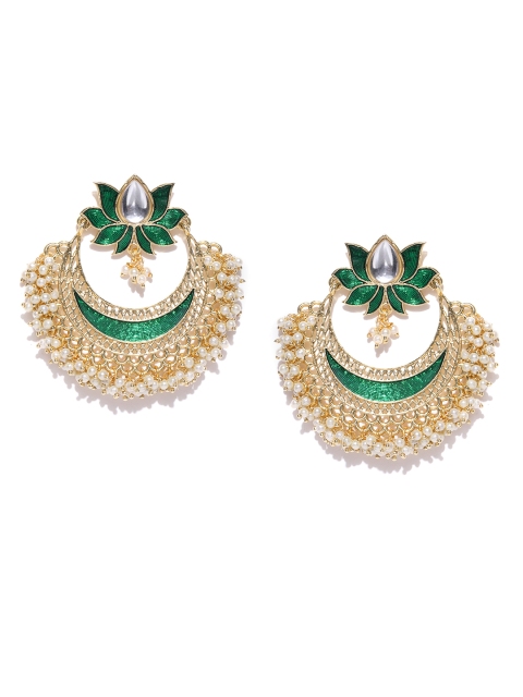 

PANASH Green & Off-White Gold-Plated Handcrafted Crescent-Shaped Chandbalis