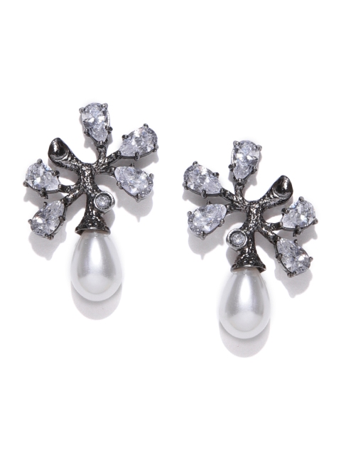 

PANASH Gunmetal-Toned & Off-White Rhodium-Plated Handcrafted CZ Stone-Studded Studs, Metallic