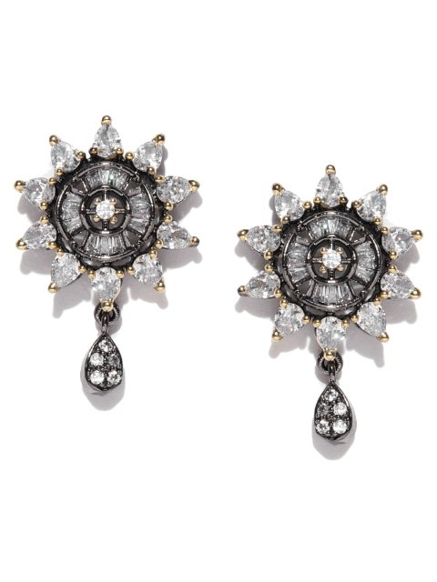 

PANASH Gunmetal-Toned Rhodium-Plated CZ Stone Floral Studs, Metallic