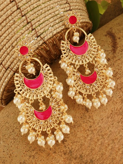 

PANASH Gold-Toned & Magenta Crescent Shaped Chandbalis