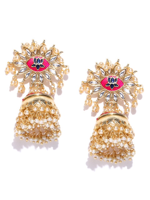 

PANASH Pink & Off-White Gold-Plated Handcrafted Dome-Shaped Jhumkas