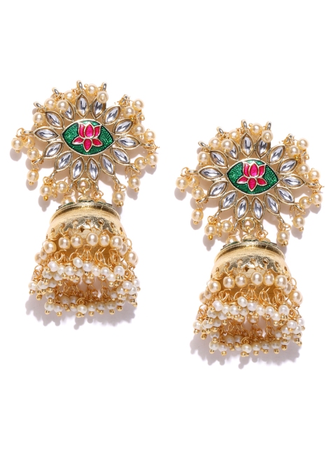 

PANASH Green & Off-White Gold-Plated Handcrafted Dome-Shaped Jhumkas