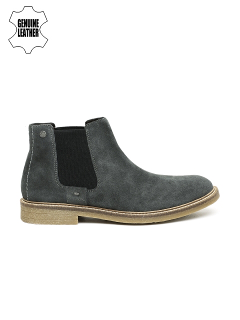 

Jack & Jones Men Grey Solid Leather High-Top Flat Boots