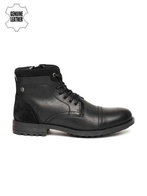 

Jack & Jones Men Black Solid Leather High-Top Flat Boots