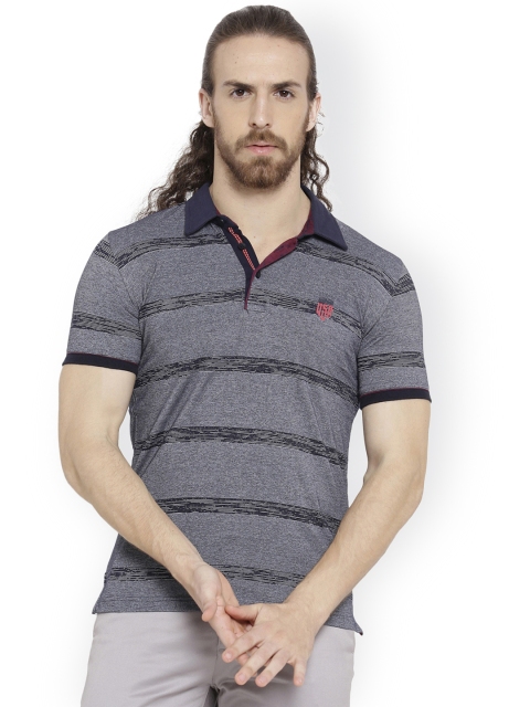 

Duke Men Grey Striped Polo Collar T-shirt