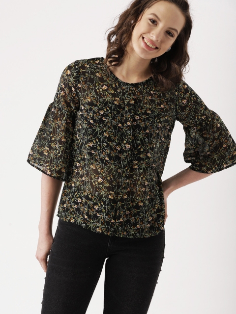 

DressBerry Women Black Printed Semi-Sheer Top
