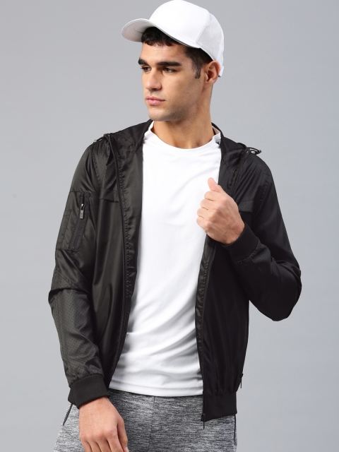 

HRX by Hrithik Roshan Men Black Self Design Athleisure Hooded Bomber Jacket
