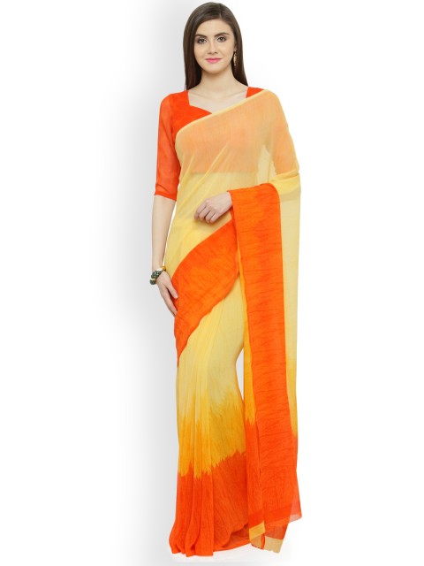

Shaily Orange & Yellow Pure Georgette Printed Saree