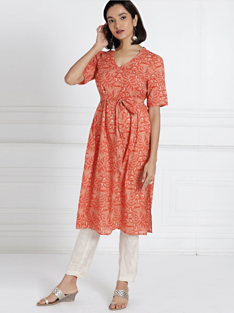 

all about you Women Coral Pink Floral Print A-Line Kurta