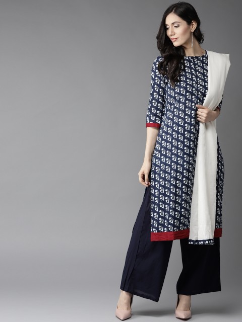 

HERE&NOW Women Navy Blue Printed Kurta with Palazzos & Dupatta