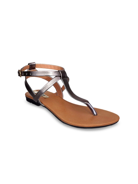 

GNIST Women Gunmetal-Toned Solid Synthetic T-Strap Flats, Metallic