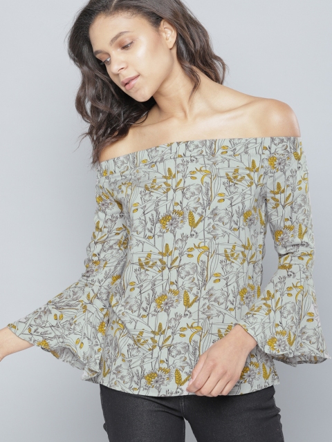 

NUSH Women Grey Printed Bardot Pure Cotton Top