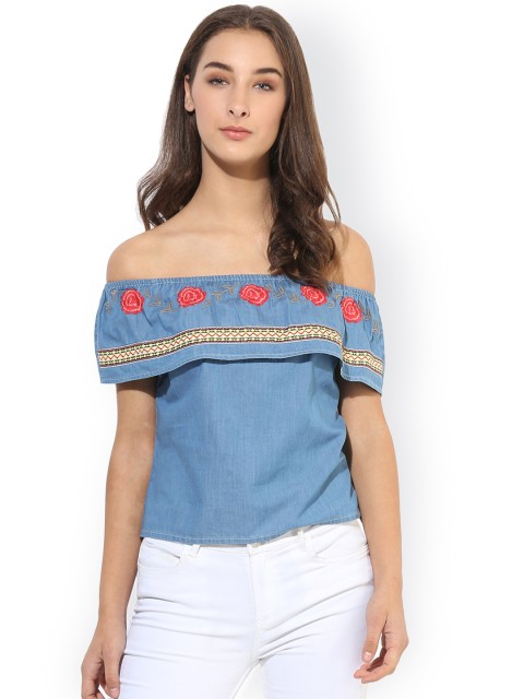 

Heather Hues Women Blue Embroidered Denim Top